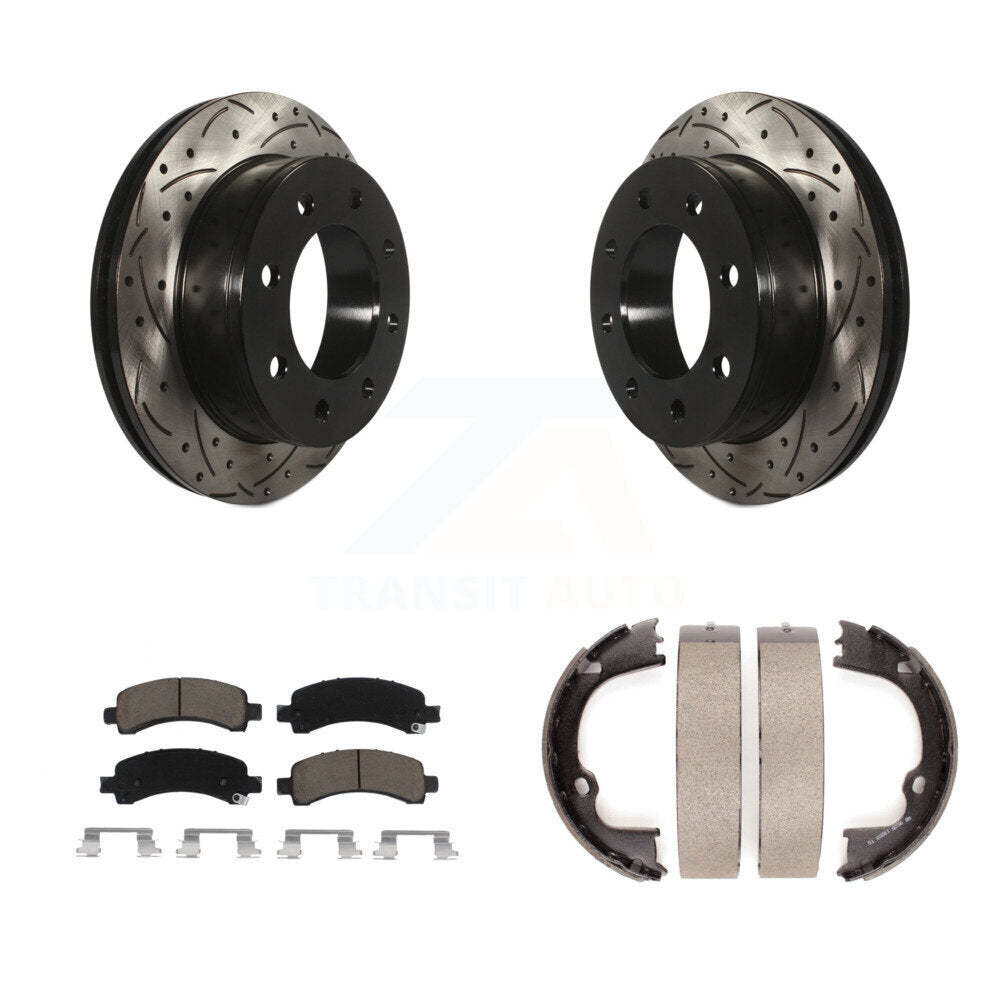 Rear Disc Drilled & Slotted Rotors Ceramic Pads Parking Shoes Kit For Chevrolet GMC 2500 KDC-101438