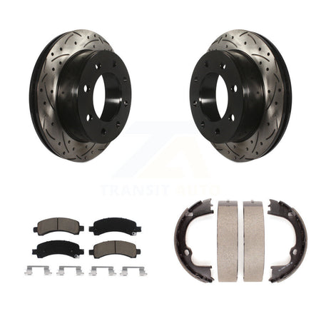 Rear Disc Drilled & Slotted Rotors Ceramic Pads Parking Shoes Kit For Chevrolet GMC 2500 KDC-101438
