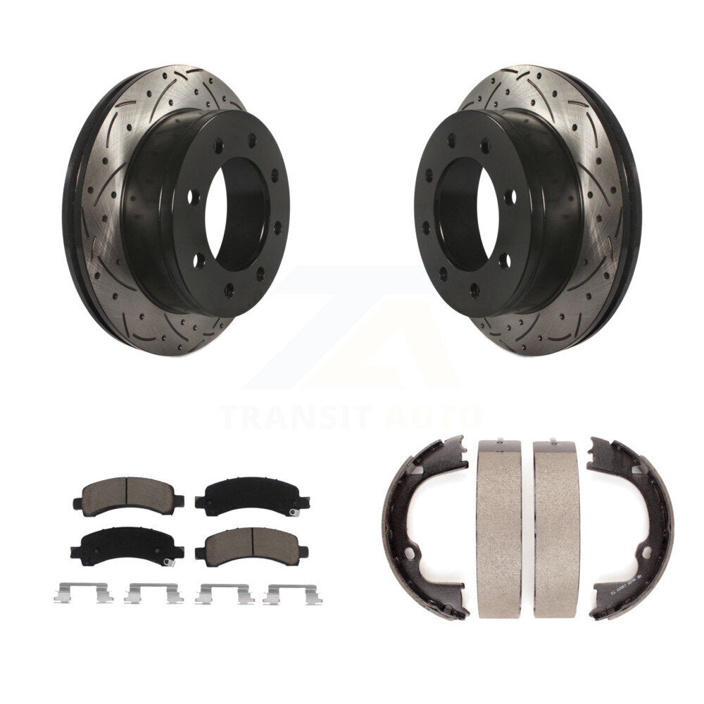 Rear Disc Drilled & Slotted Rotors Ceramic Pads Parking Shoes Kit For Chevrolet GMC 2500 KDC-101439