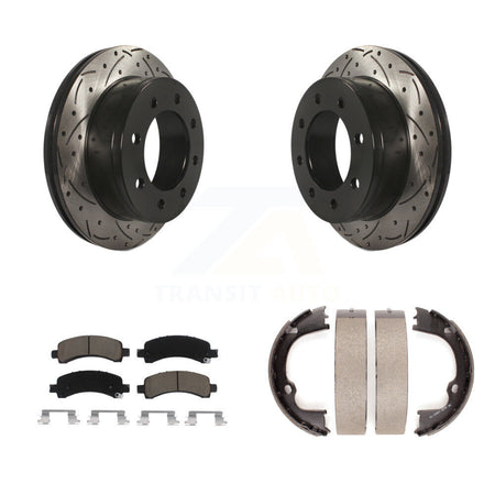 Rear Disc Drilled & Slotted Rotors Ceramic Pads Parking Shoes Kit For Chevrolet GMC 2500 KDC-101439