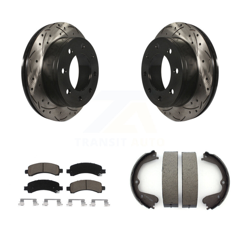 Rear Disc Drilled & Slotted Rotors Ceramic Pads And Parking Shoes Kit For GMC Savana 3500 KDC-101441