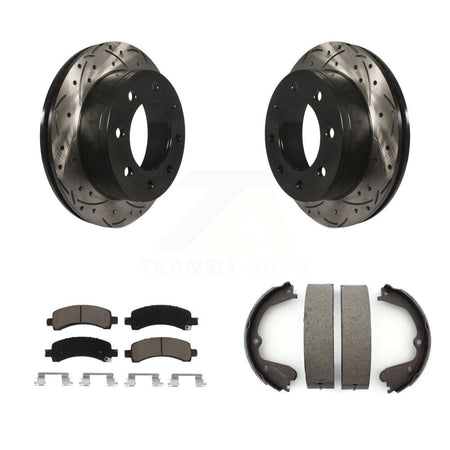 Rear Disc Drilled & Slotted Rotors Ceramic Pads And Parking Shoes Kit For GMC Savana 3500 KDC-101441