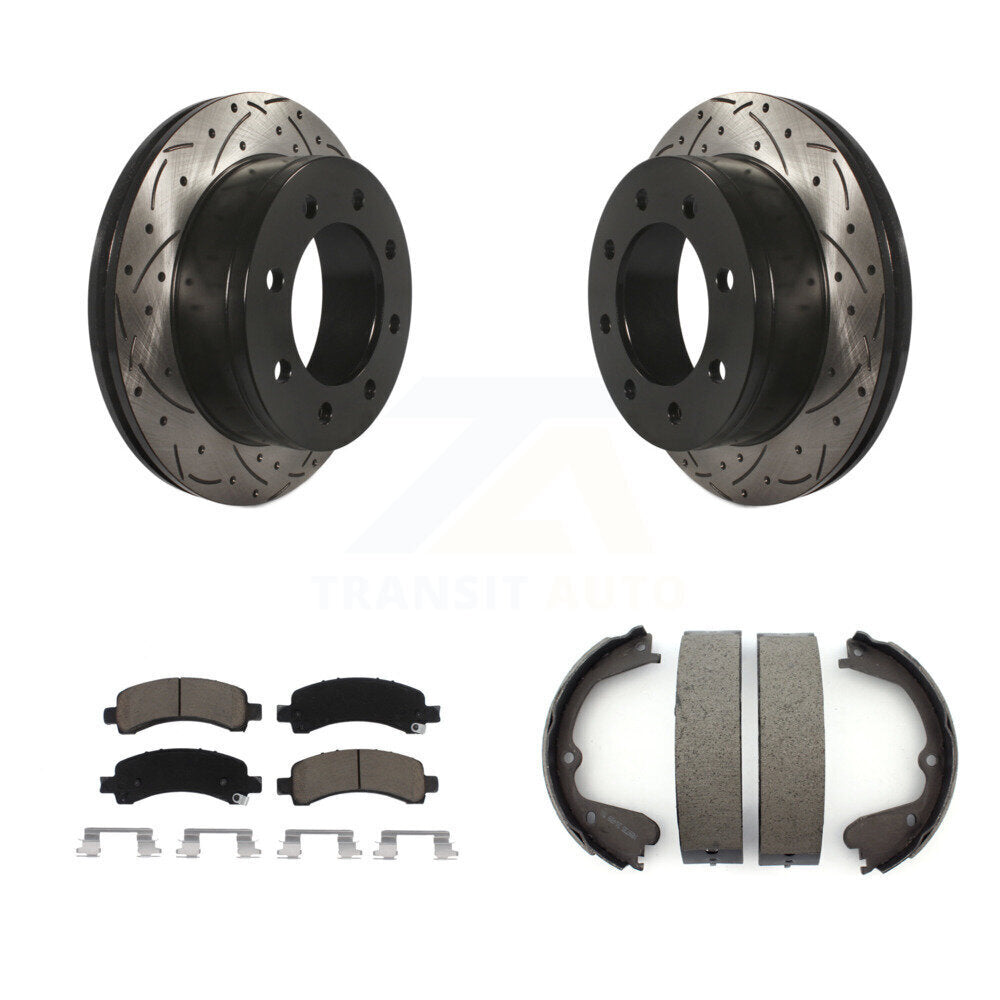 Rear Disc Drilled & Slotted Rotors Ceramic Pads And Parking Shoes Kit For GMC Savana 3500 KDC-101442