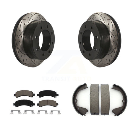 Rear Disc Drilled & Slotted Rotors Ceramic Pads And Parking Shoes Kit For GMC Savana 3500 KDC-101442