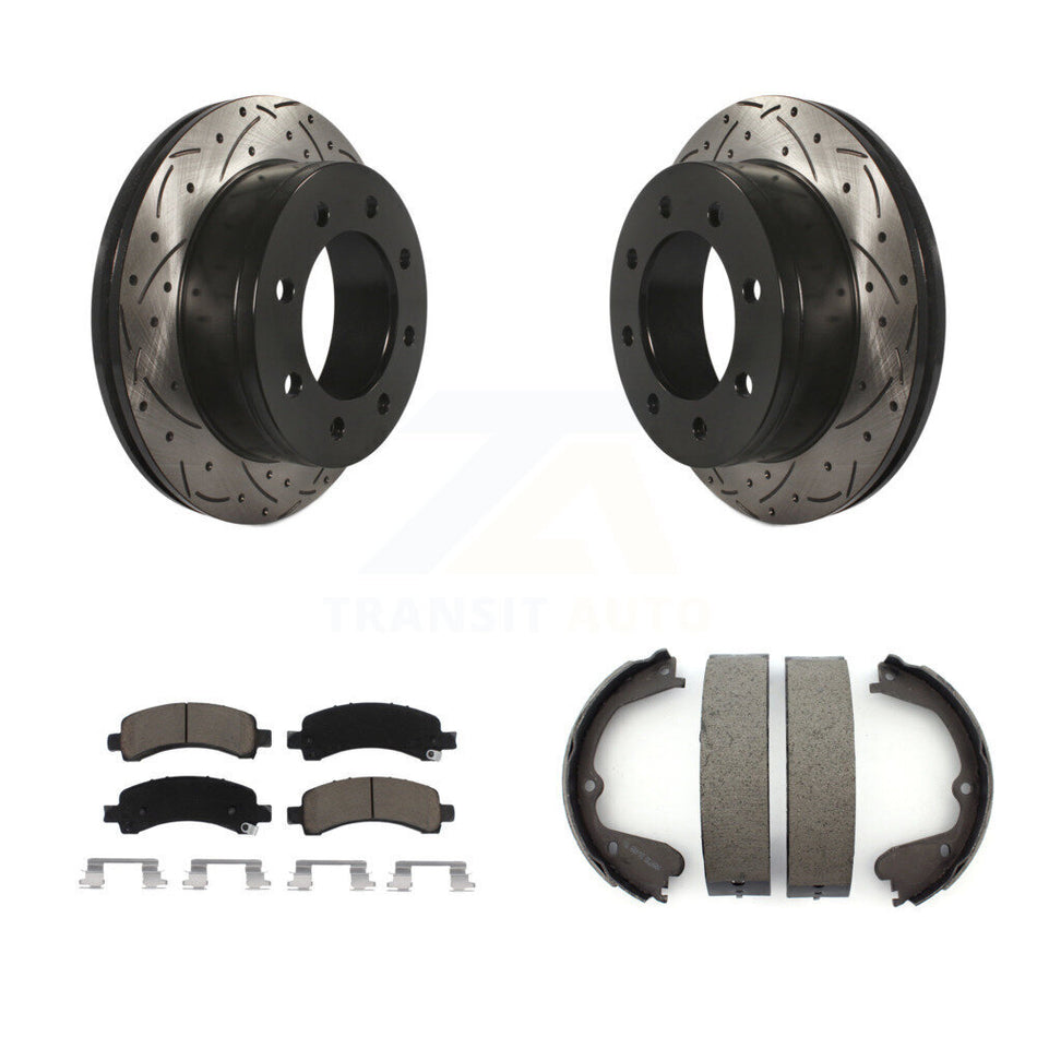 Rear Disc Drilled & Slotted Rotors Ceramic Pads And Parking Shoes Kit For GMC Savana 3500 KDC-101442