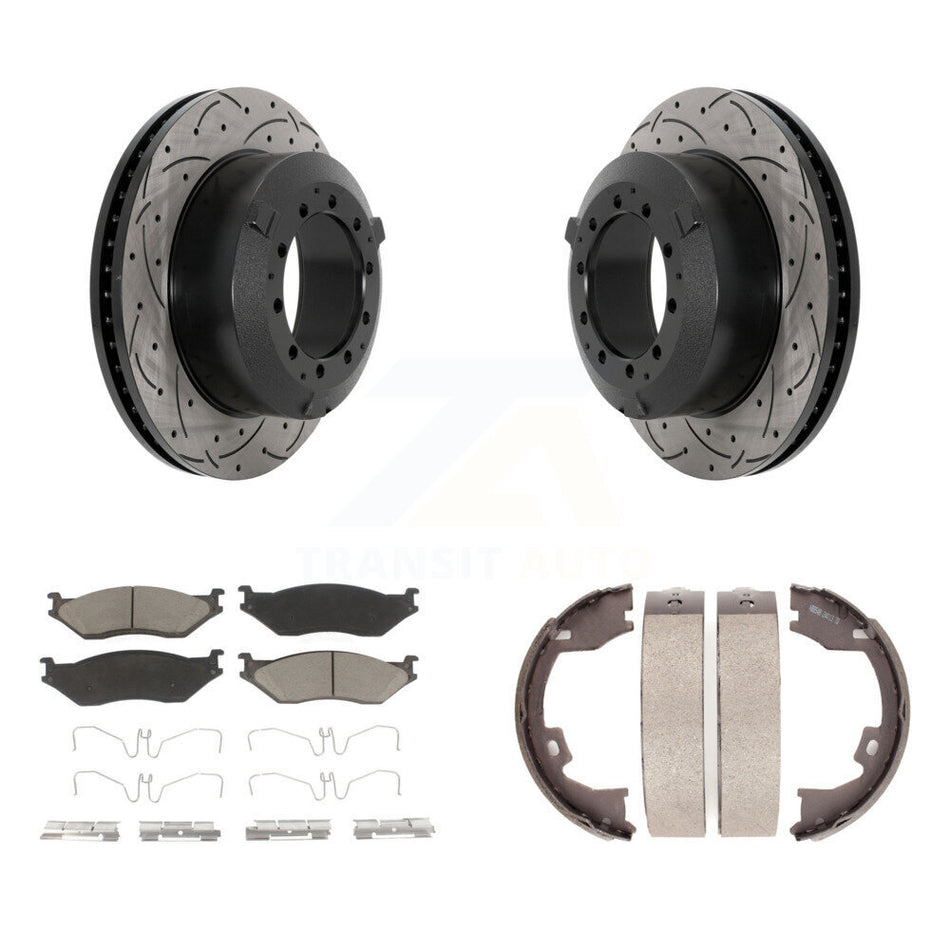 Rear Disc Drilled & Slotted Rotors Ceramic Pads Parking Shoes Kit For Ford F-450 Super IC KDC-101449