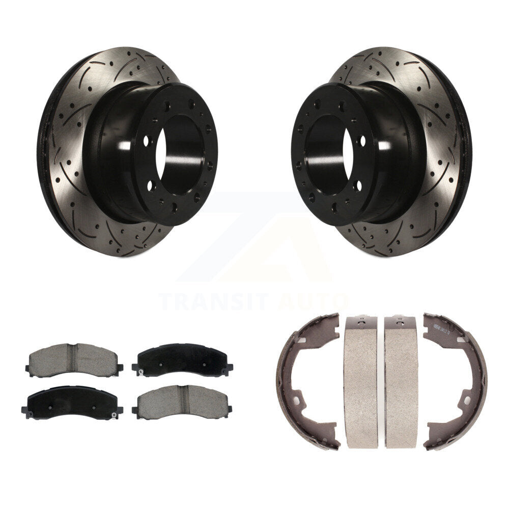 Rear Disc Drilled & Slotted Rotors Ceramic Pads Parking Brake Shoes Kit For Ram 2500 3500 KDC-101450