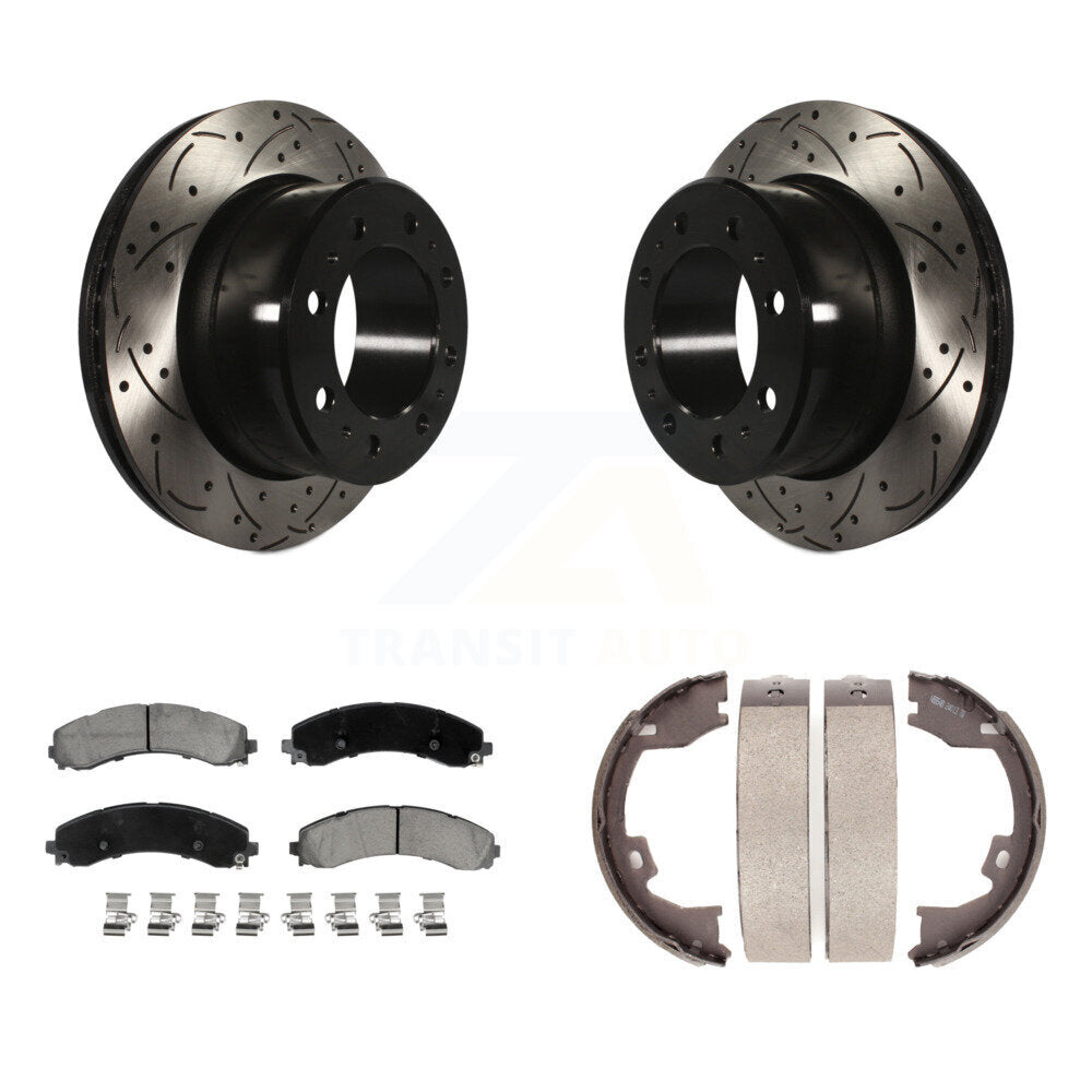 Rear Disc Drilled & Slotted Rotors Ceramic Pads And Parking Brake Shoes Kit For Ram 3500 KDC-101451