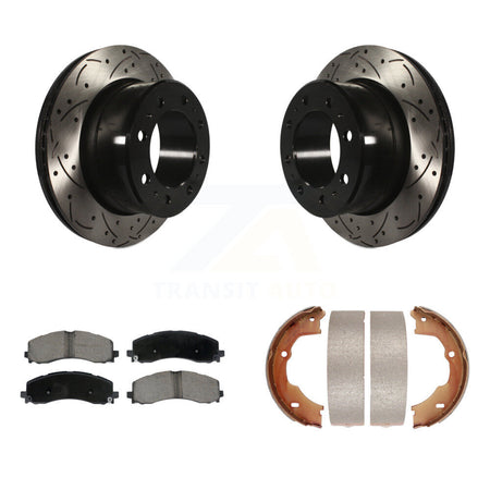 Rear Disc Drilled & Slotted Rotors Ceramic Pads And Parking Brake Shoes Kit For Ram 3500 KDC-101452