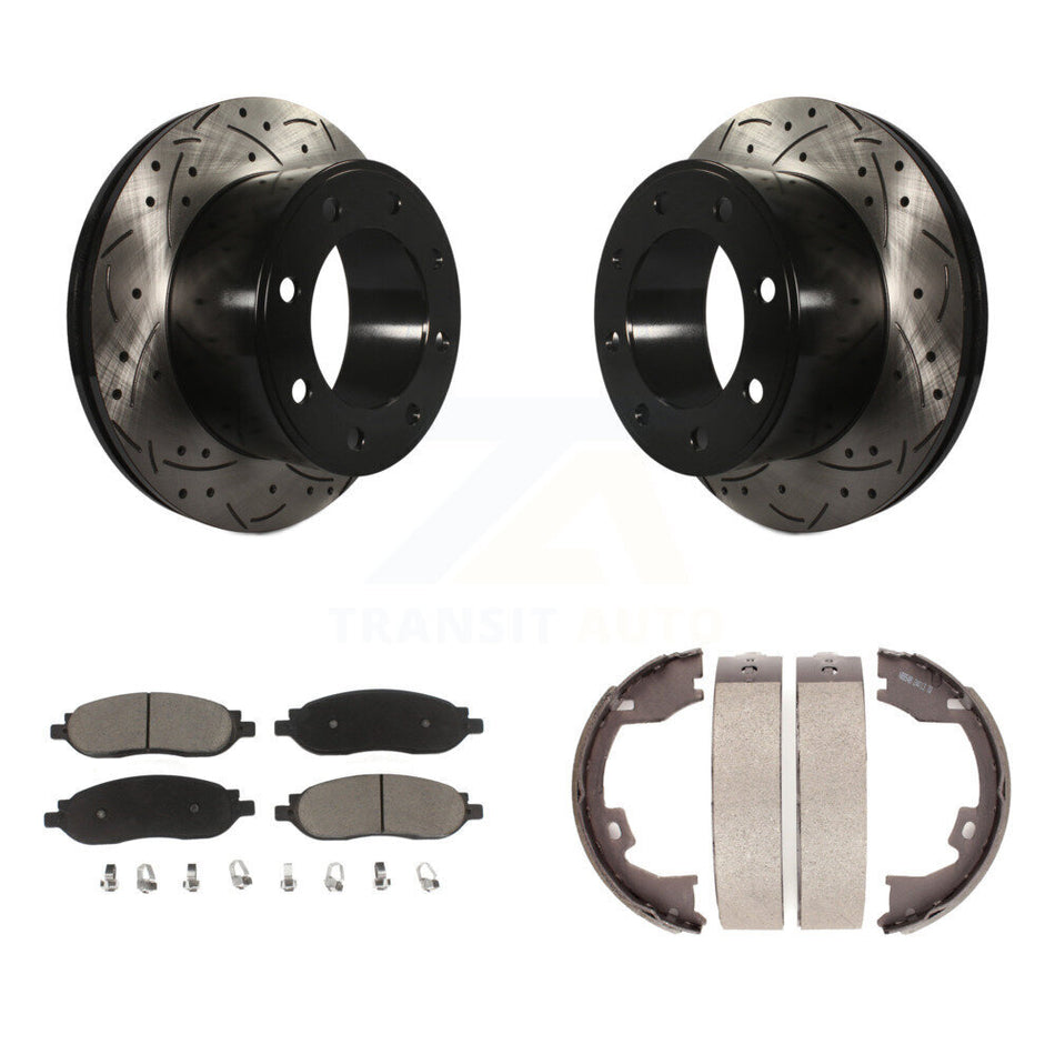 Rear Disc Drilled & Slotted Rotors Ceramic Pads Parking Shoes Kit For Ford F-350 Super KDC-101453