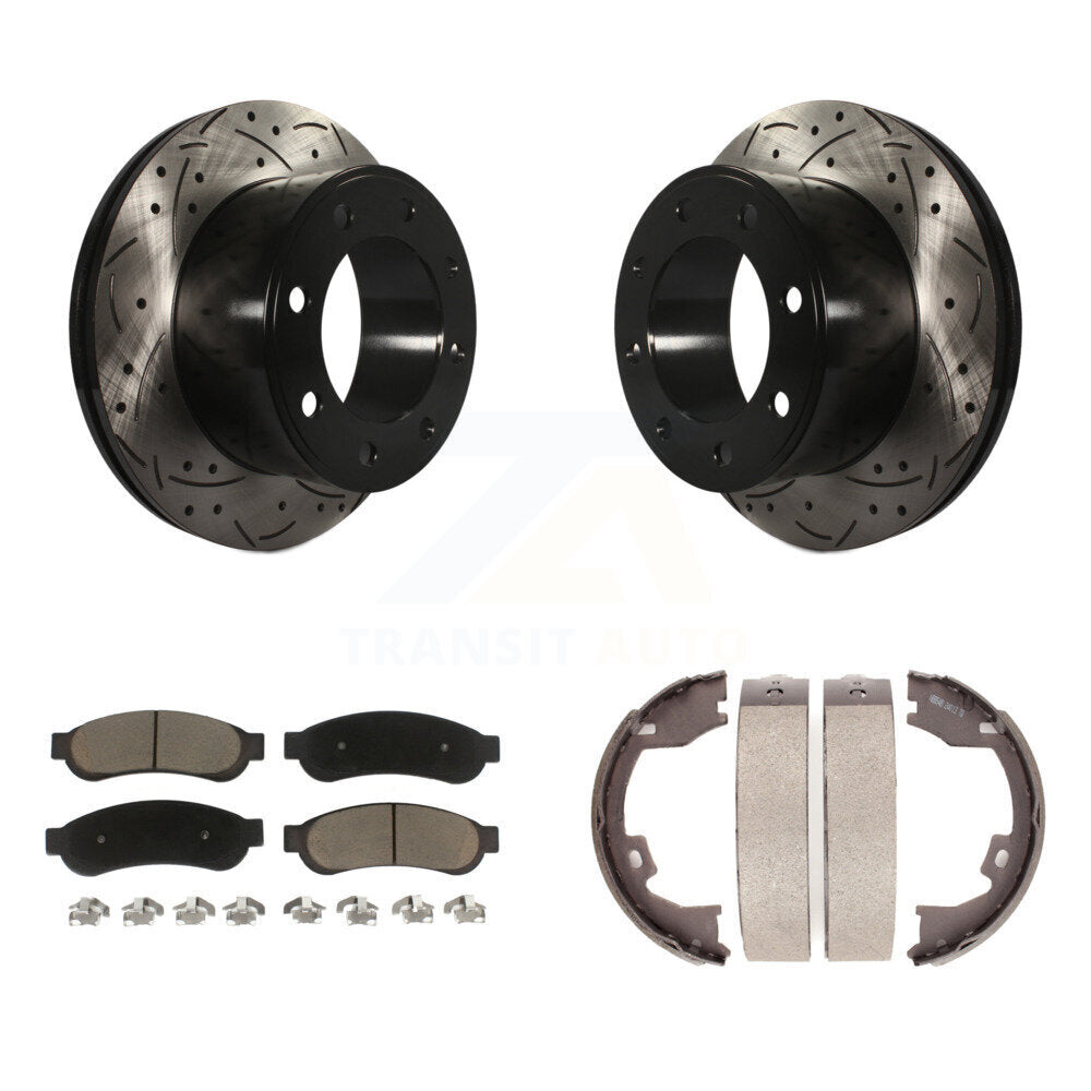 Rear Disc Drilled & Slotted Rotors Ceramic Pads Parking Shoes Kit For Ford F-250 Super KDC-101455