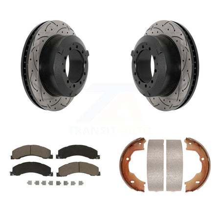 Rear Disc Drilled & Slotted Rotors Ceramic Pads Parking Shoes Kit For Ram Dodge Sterling KDC-101456