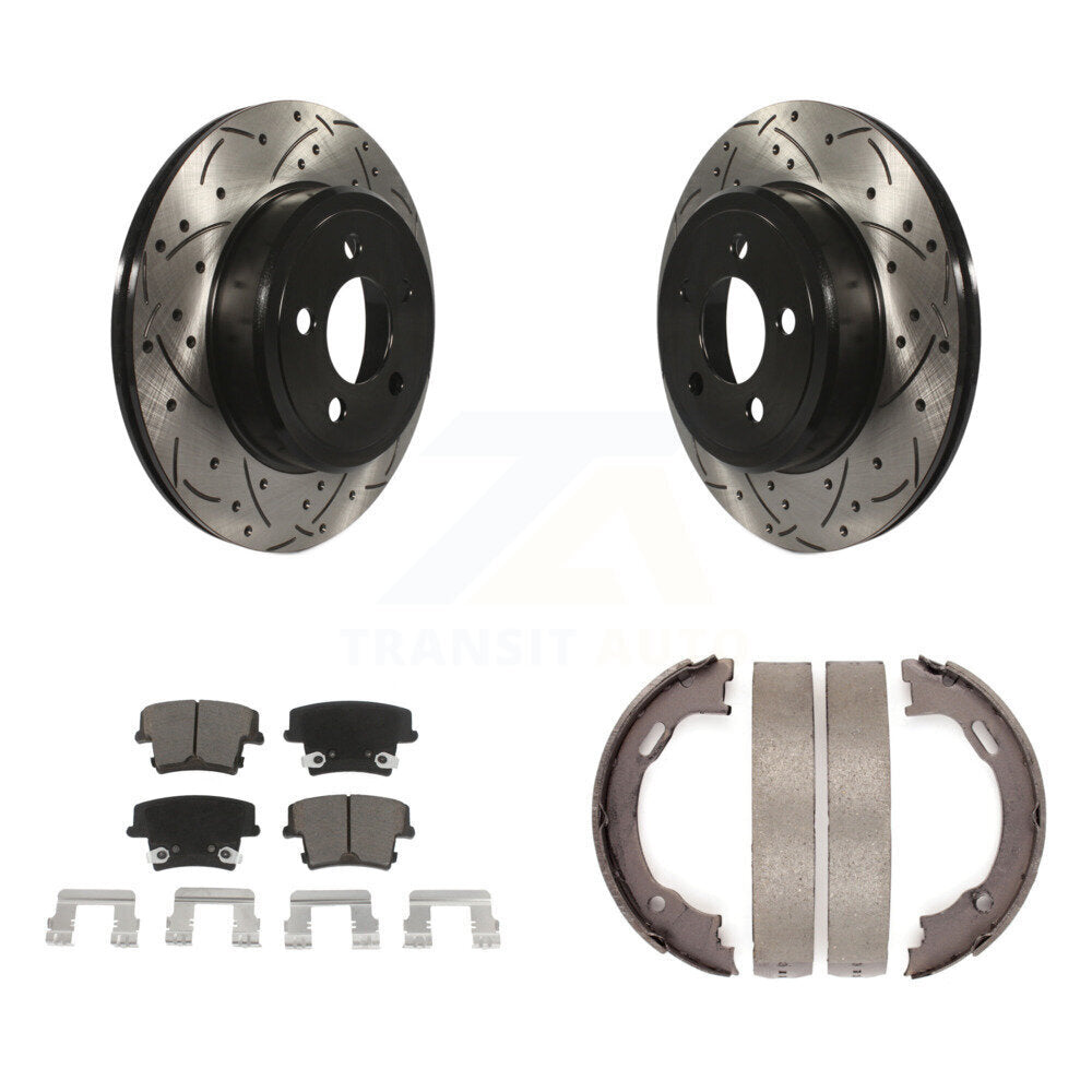 Rear Disc Drilled & Slotted Rotors Ceramic Pads Parking Shoes Kit For Dodge Chrysler 300 KDC-101457