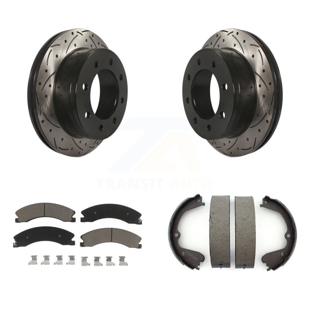 Rear Disc Drilled & Slotted Rotors Ceramic Pads And Parking Brake Shoes Kit For KDC-101462