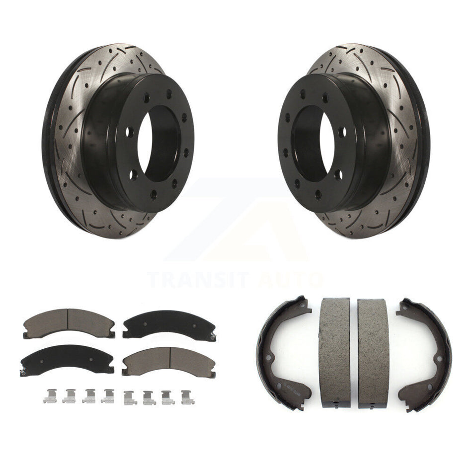 Rear Disc Drilled & Slotted Rotors Ceramic Pads And Parking Brake Shoes Kit For KDC-101462