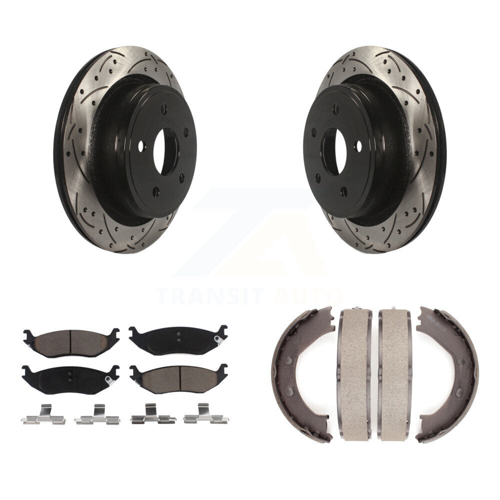 Rear Disc Drilled & Slotted Rotors Ceramic Pads And Parking Shoes Kit For Dodge Ram 1500 KDC-101466