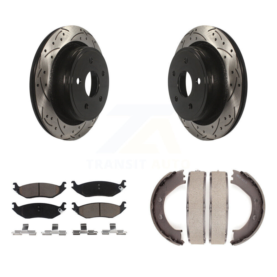 Rear Disc Drilled & Slotted Rotors Ceramic Pads And Parking Shoes Kit For Dodge Ram 1500 KDC-101466