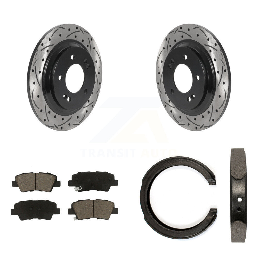 Rear Disc Drilled & Slotted Rotors Ceramic Pads Parking Brake Shoes Kit For Kia Optima KDC-101472