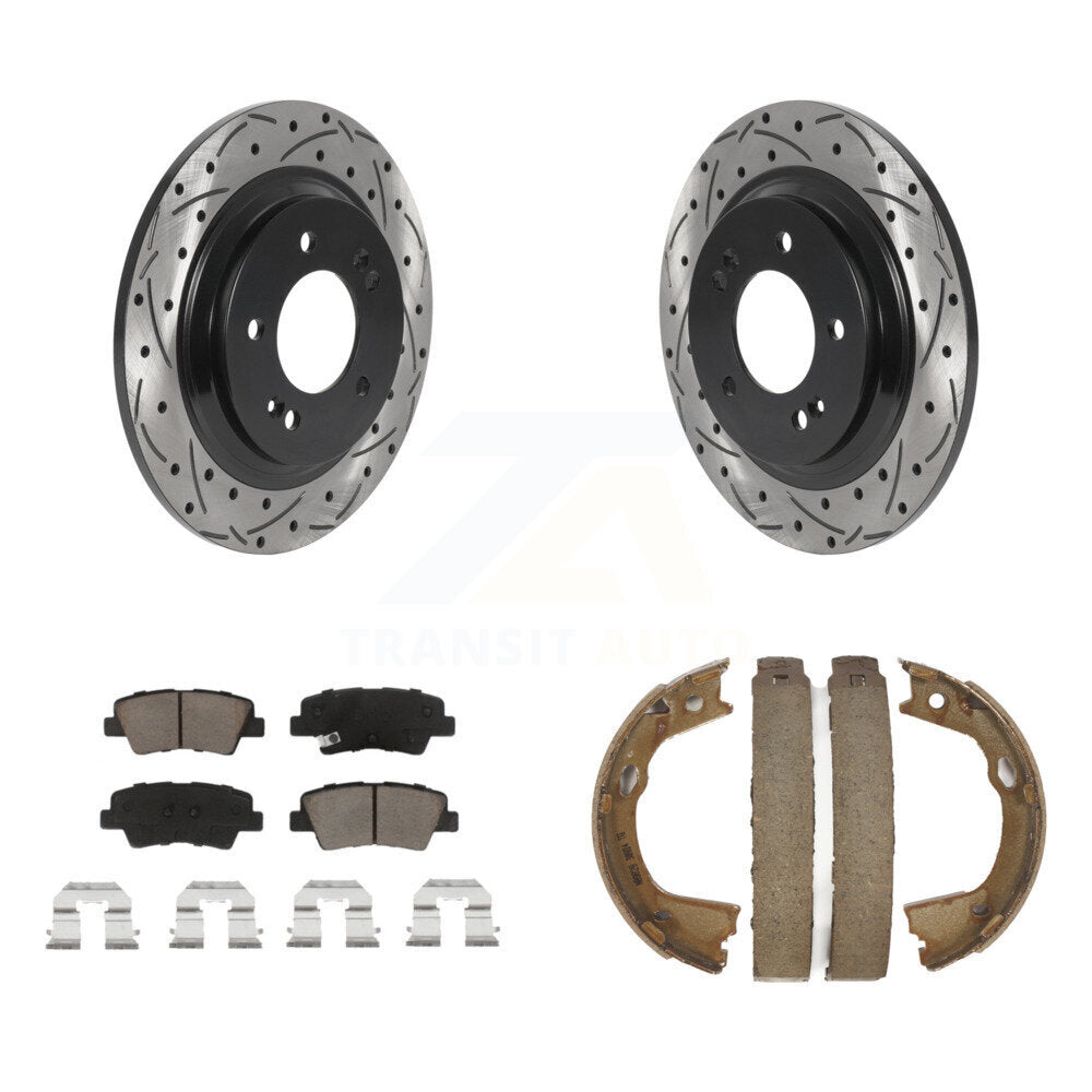 Rear Disc Drilled & Slotted Rotors Ceramic Pads Parking Brake Shoes Kit For Kia Optima KDC-101473
