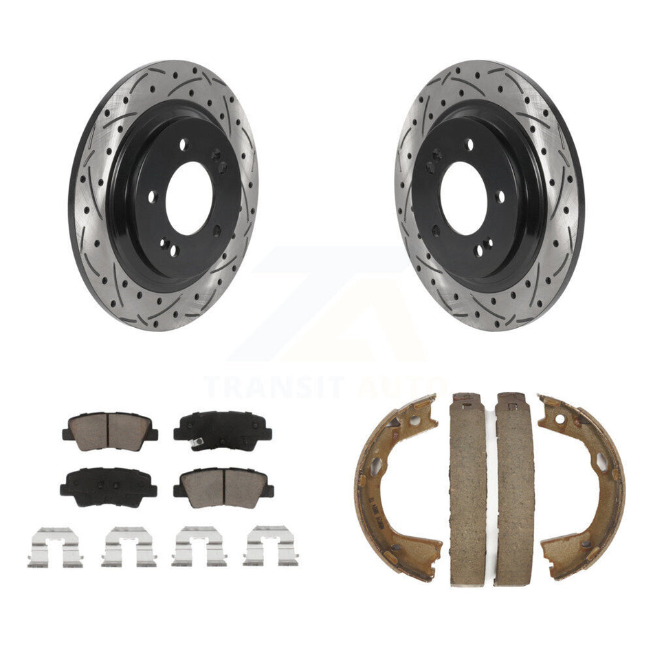 Rear Disc Drilled & Slotted Rotors Ceramic Pads Parking Brake Shoes Kit For Kia Optima KDC-101473