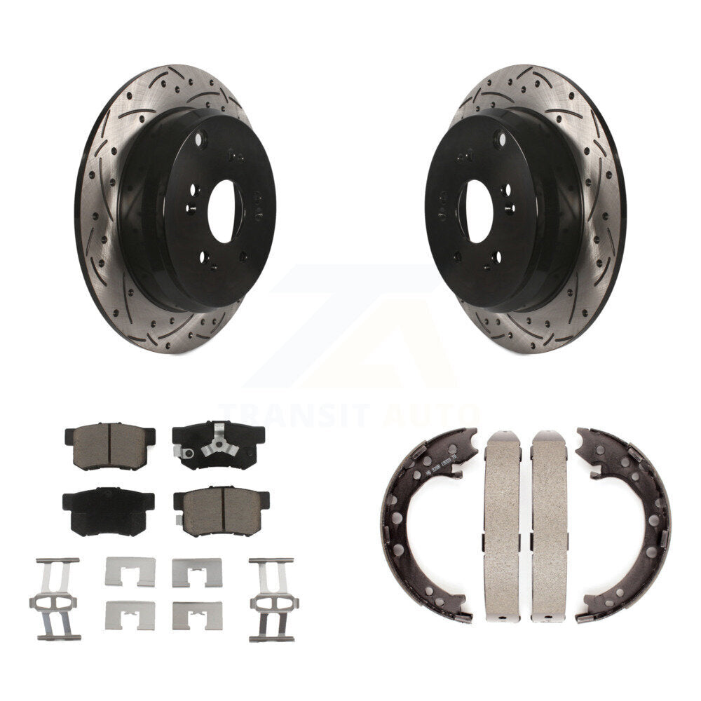 Rear Disc Drilled & Slotted Rotors Ceramic Pads Parking Shoes Kit For Honda CR-V Acura KDC-101475