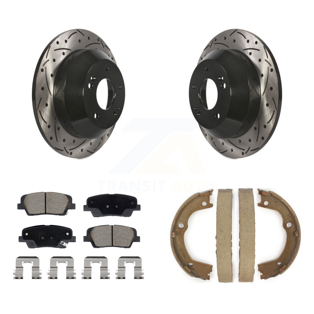 Rear Disc Drilled & Slotted Rotors Ceramic Pads Parking Shoes Kit For Hyundai Santa Fe KDC-101476