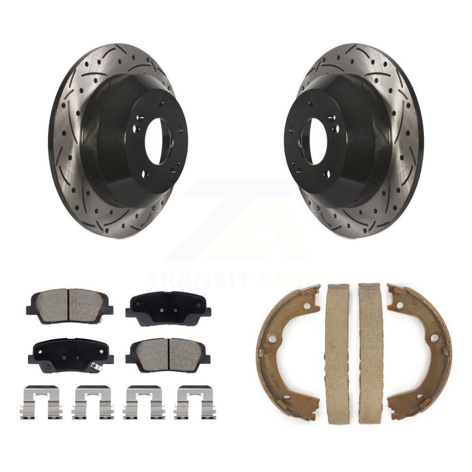 Rear Disc Drilled & Slotted Rotors Ceramic Pads Parking Shoes Kit For Hyundai Santa Fe KDC-101476