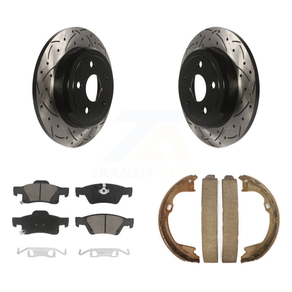 Rear Disc Drilled & Slotted Rotors Ceramic Pads Parking Shoes Kit For Dodge Durango Jeep KDC-101479