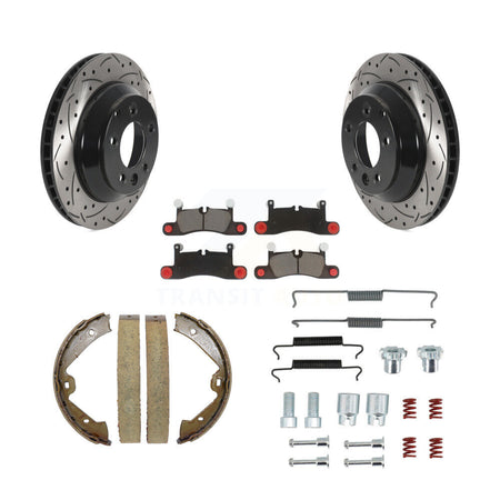 Rear Disc Drilled & Slotted Rotors Ceramic Pads Parking Shoes Hardware Kit For Volkswagen KDC-101486