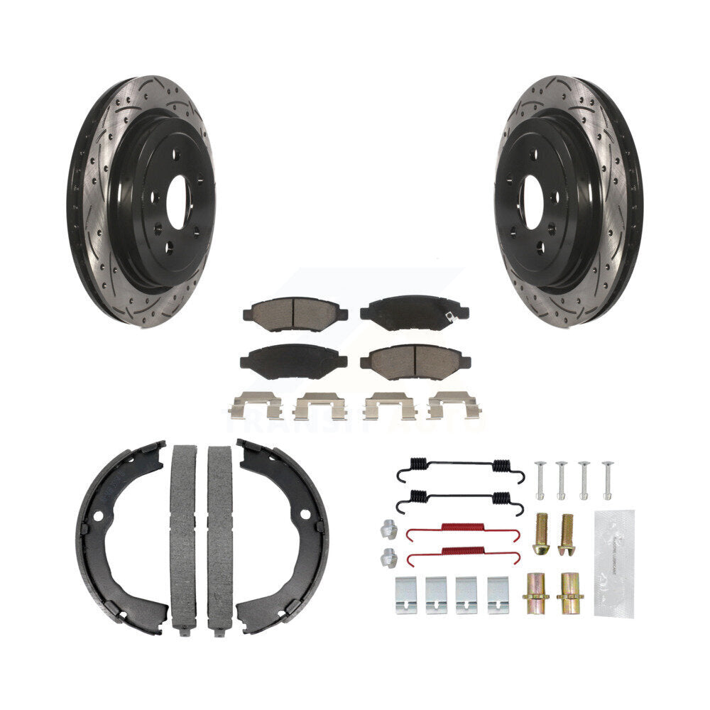 Rear Disc Drilled & Slotted Rotors Ceramic Pads Parking Shoes Hardware Kit For Chevrolet KDC-101489