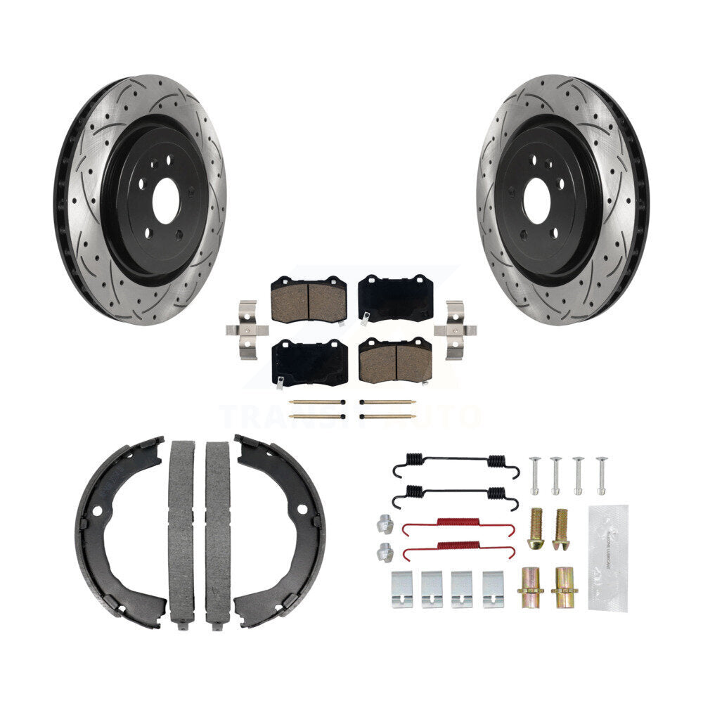 Rear Disc Drilled & Slotted Rotors Ceramic Pads Parking Shoes Hardware Kit For Chevrolet KDC-101490