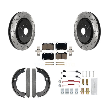 Rear Disc Drilled & Slotted Rotors Ceramic Pads Parking Shoes Hardware Kit For Chevrolet KDC-101490