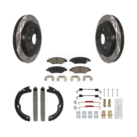 Rear Disc Drilled & Slotted Rotors Ceramic Pads Parking Brake Shoes And Hardware Kit For KDC-101491