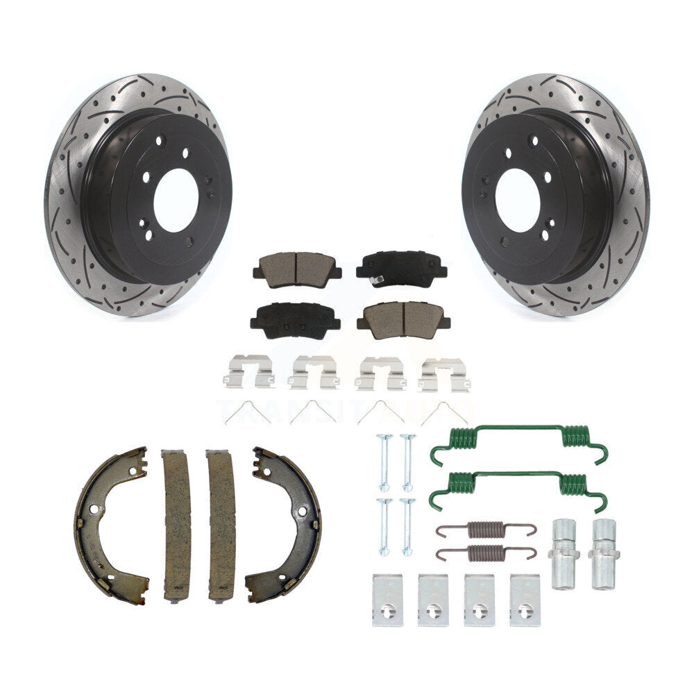 Rear Disc Drilled & Slotted Rotors Ceramic Pads Parking Shoes Hardware Kit For Hyundai KDC-101493