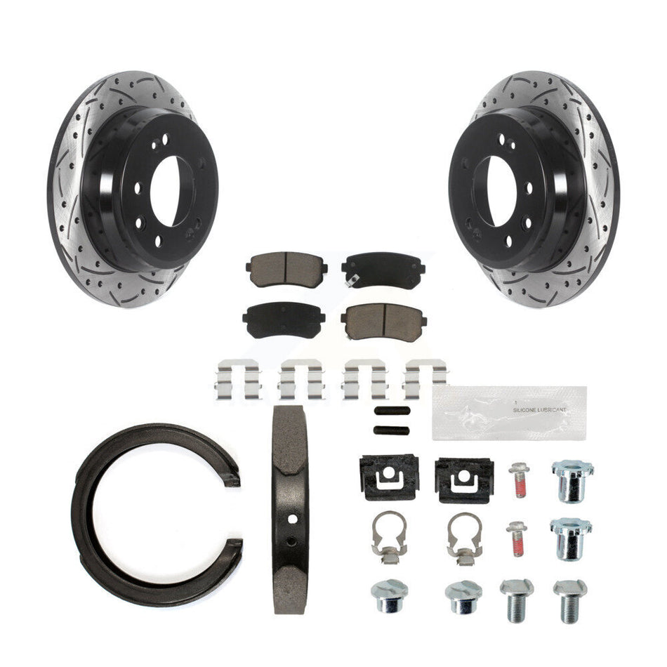 Rear Disc Drilled & Slotted Rotors Ceramic Pads Parking Brake Shoes And Hardware Kit For KDC-101497