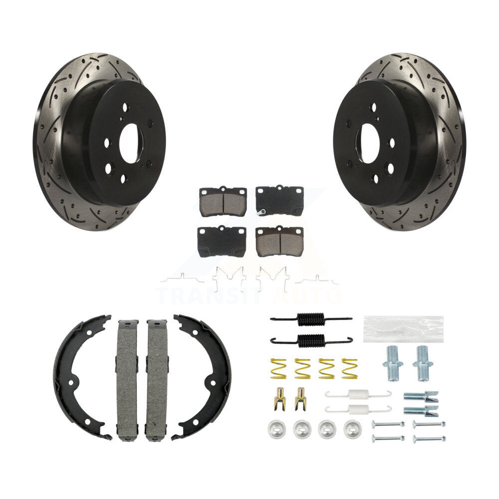 Rear Disc Drilled & Slotted Rotors Ceramic Pads Parking Brake Shoes And Hardware Kit For KDC-101498