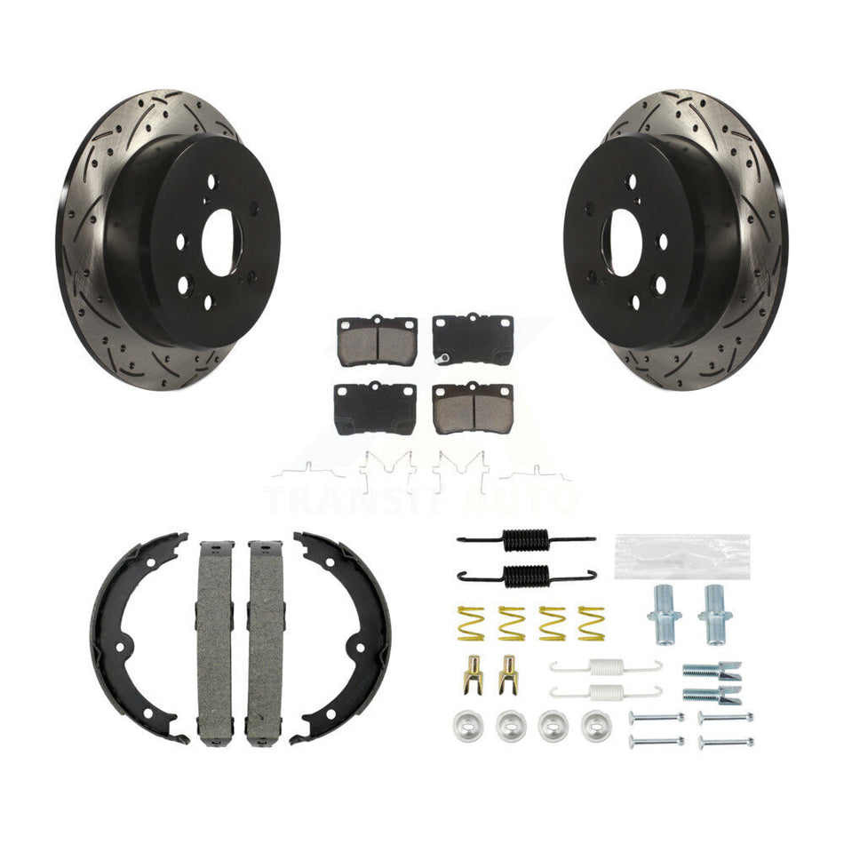 Rear Disc Drilled & Slotted Rotors Ceramic Pads Parking Brake Shoes And Hardware Kit For KDC-101498