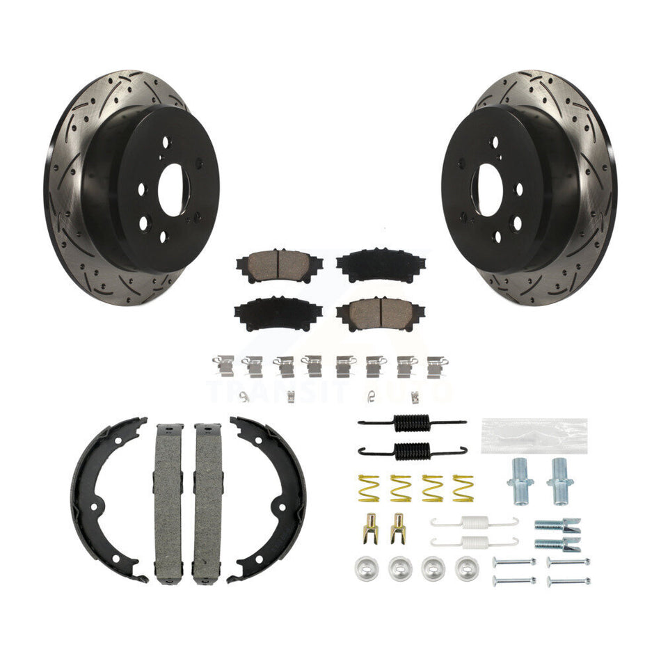 Rear Disc Drilled & Slotted Rotors Ceramic Pads Parking Brake Shoes And Hardware Kit For KDC-101499