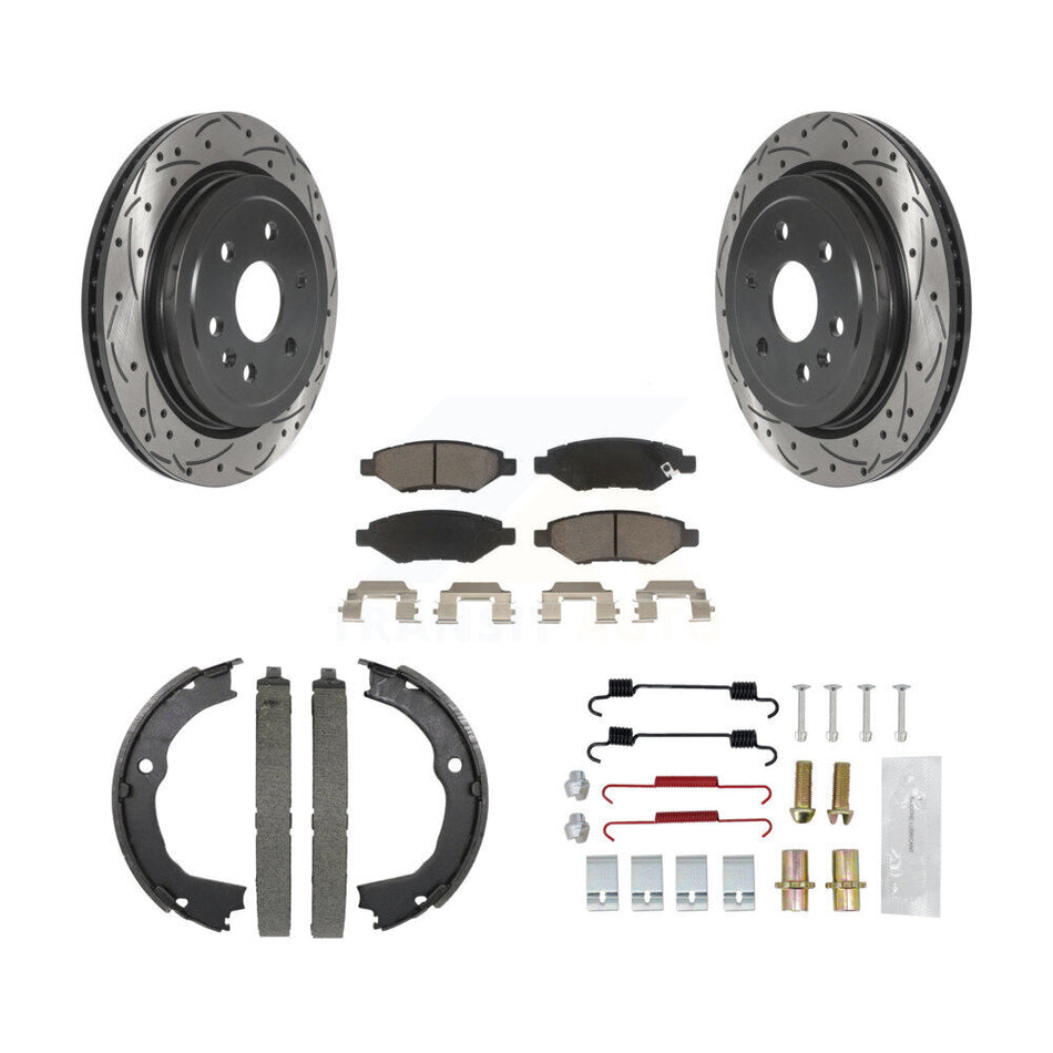 Rear Disc Drilled & Slotted Rotors Ceramic Pads Parking Brake Shoes And Hardware Kit For KDC-101500