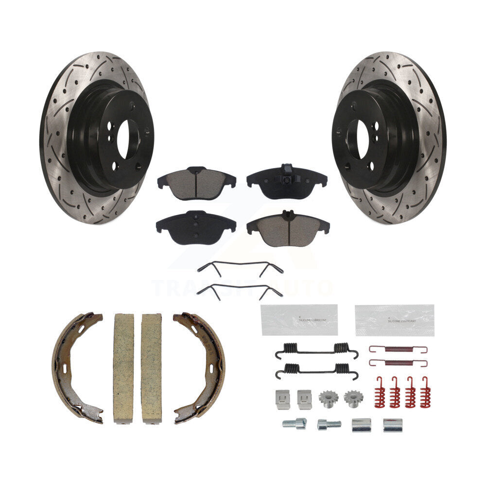 Rear Disc Drilled & Slotted Rotors Ceramic Pads Parking Shoes Hardware Kit For C300 C250 KDC-101503