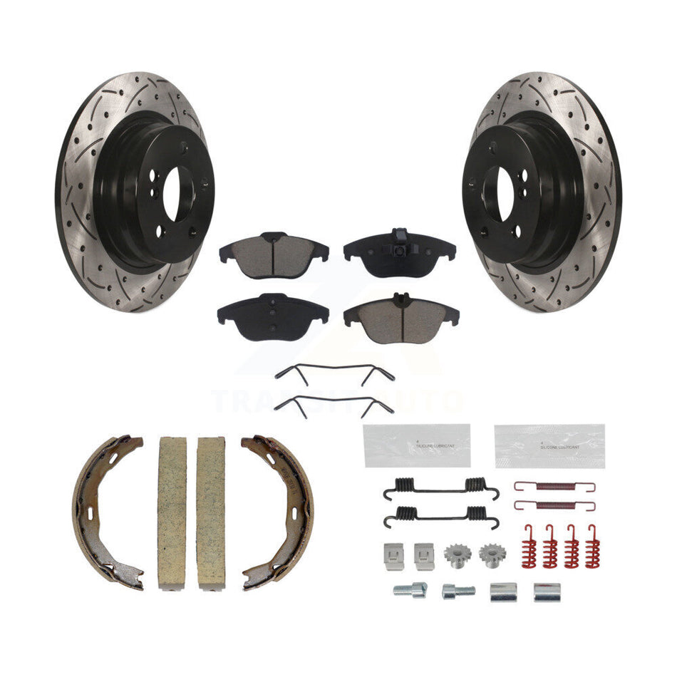 Rear Disc Drilled & Slotted Rotors Ceramic Pads Parking Shoes Hardware Kit For C300 C250 KDC-101503
