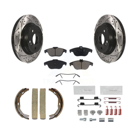 Rear Disc Drilled & Slotted Rotors Ceramic Pads Parking Shoes Hardware Kit For C300 C350 KDC-101504