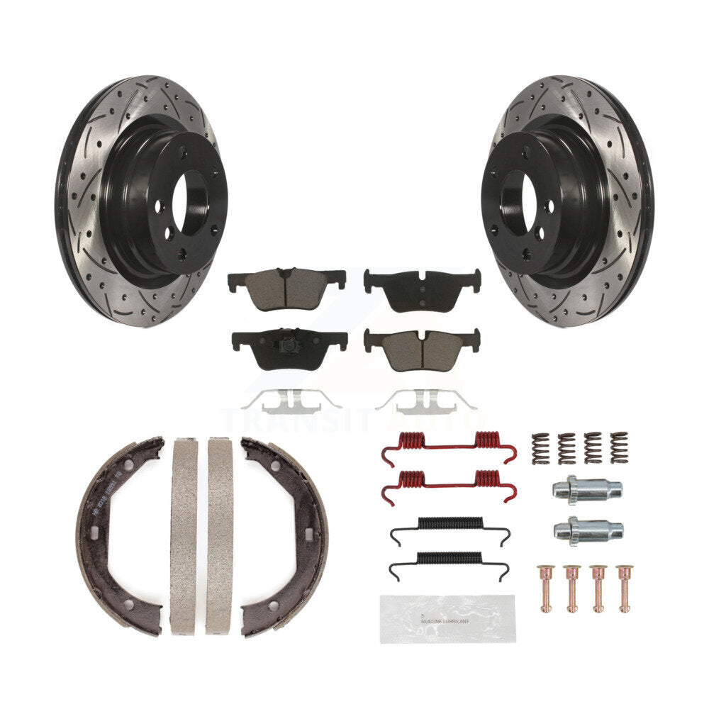 Rear Disc Drilled & Slotted Rotors Ceramic Pads Parking Shoes Hardware Kit For BMW 328i KDC-101514