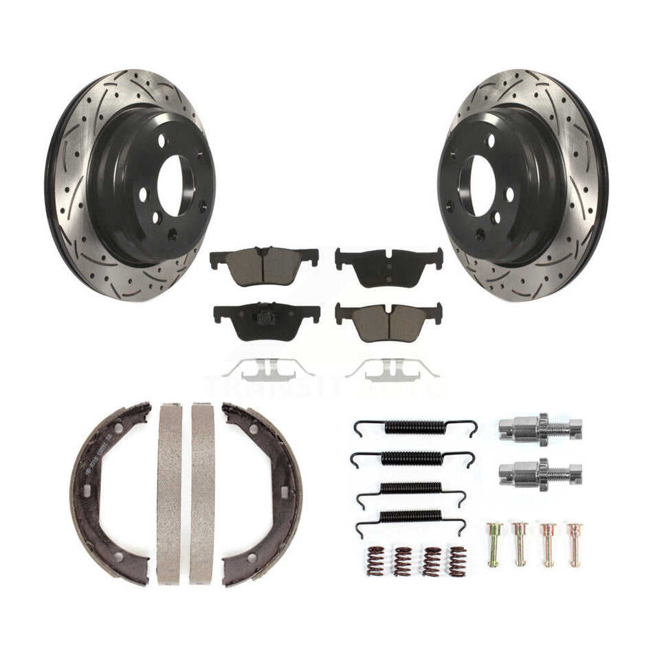 Rear Disc Drilled & Slotted Rotors Ceramic Pads Parking Shoes Hardware Kit For BMW 328i KDC-101517