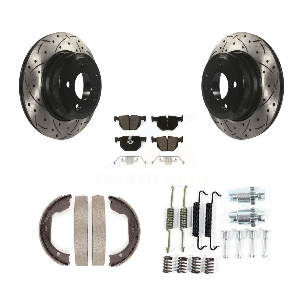 Rear Disc Drilled & Slotted Rotors Ceramic Pads Parking Shoes Hardware Kit For BMW X5 X6 KDC-101527