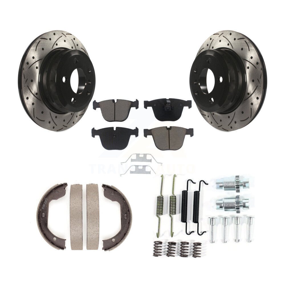 Rear Disc Drilled & Slotted Rotors Ceramic Pads Parking Shoes And Hardware Kit For BMW X6 KDC-101528