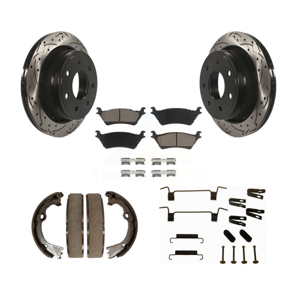 Rear Disc Drilled & Slotted Rotors Ceramic Pads Parking Shoes Hardware Kit For Ford F-150 KDC-101530