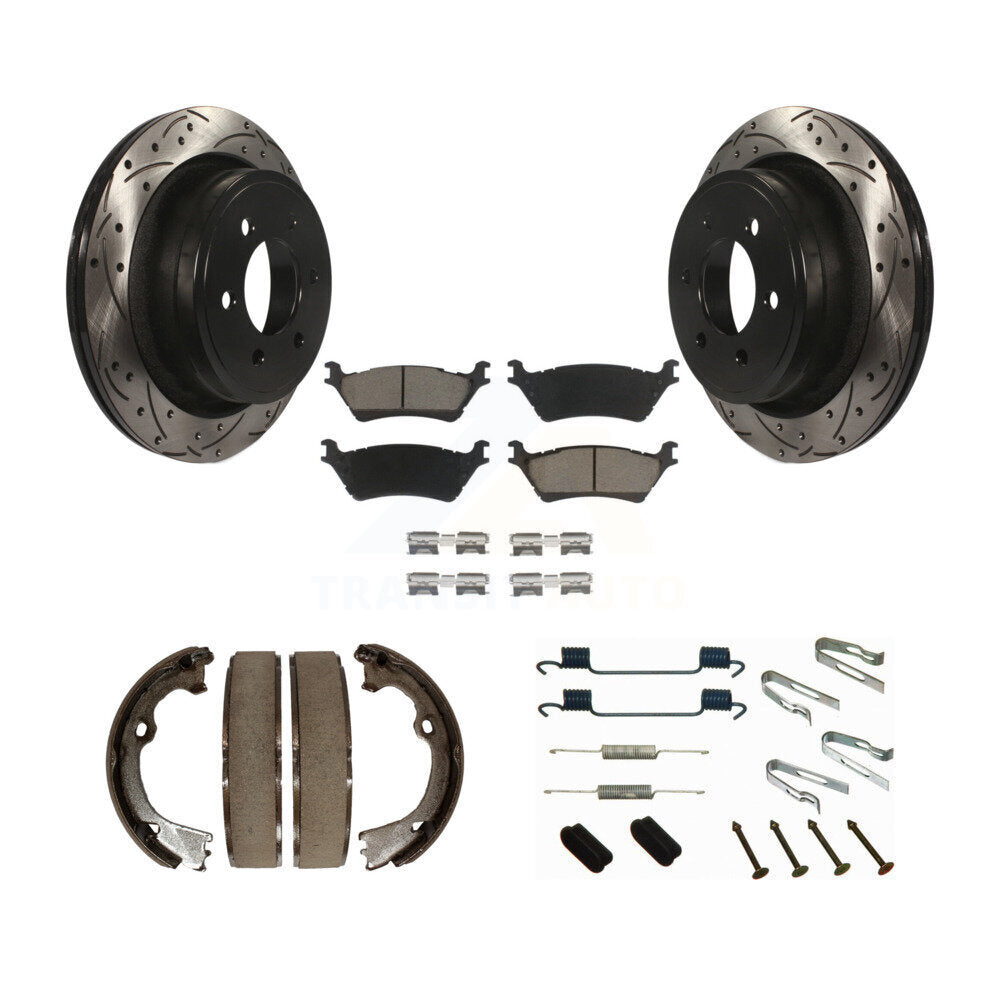Rear Disc Drilled & Slotted Rotors Ceramic Pads Parking Shoes Hardware Kit For Ford F-150 KDC-101531