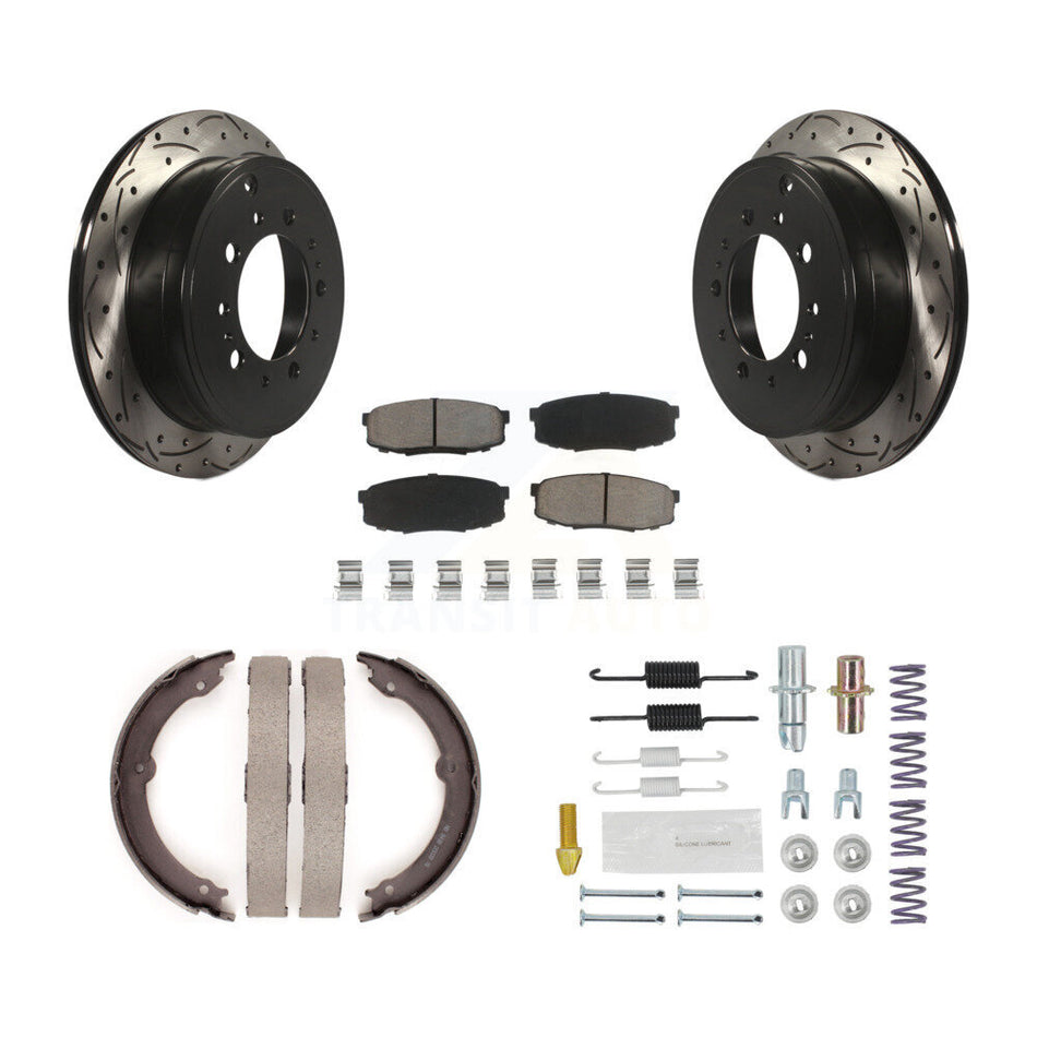 Rear Disc Drilled & Slotted Rotors Ceramic Pads Parking Shoes And Hardware Kit For Toyota KDC-101533