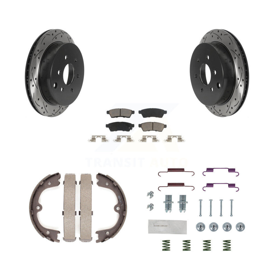 Rear Disc Drilled & Slotted Rotors Ceramic Pads Parking Shoes And Hardware Kit For Nissan KDC-101536